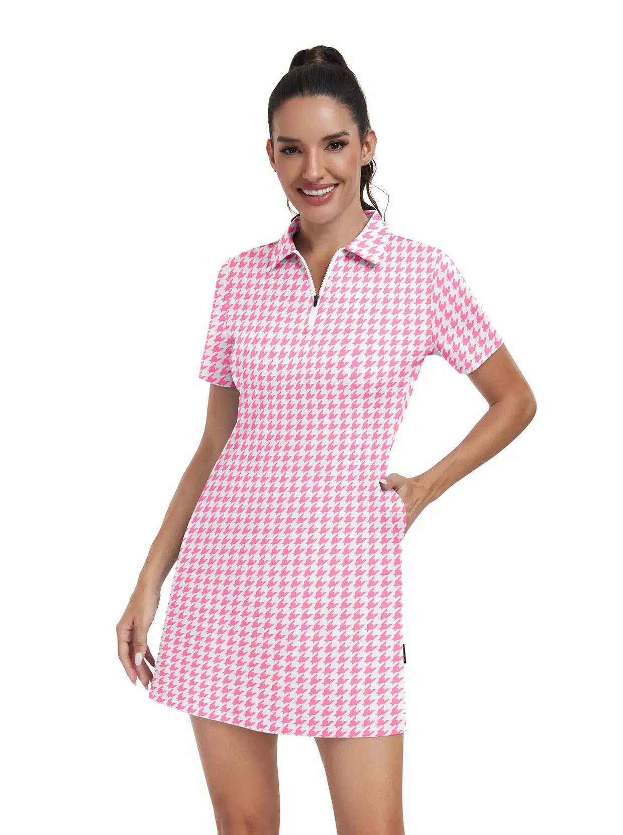 Pink houndstooth Zipper Short-Sleeve Polo Dress With Inner Shorts