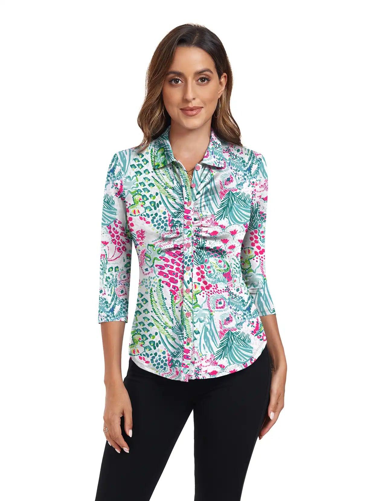 Retro Botanical 3/4 Sleeve Button down Polo Shirt for women