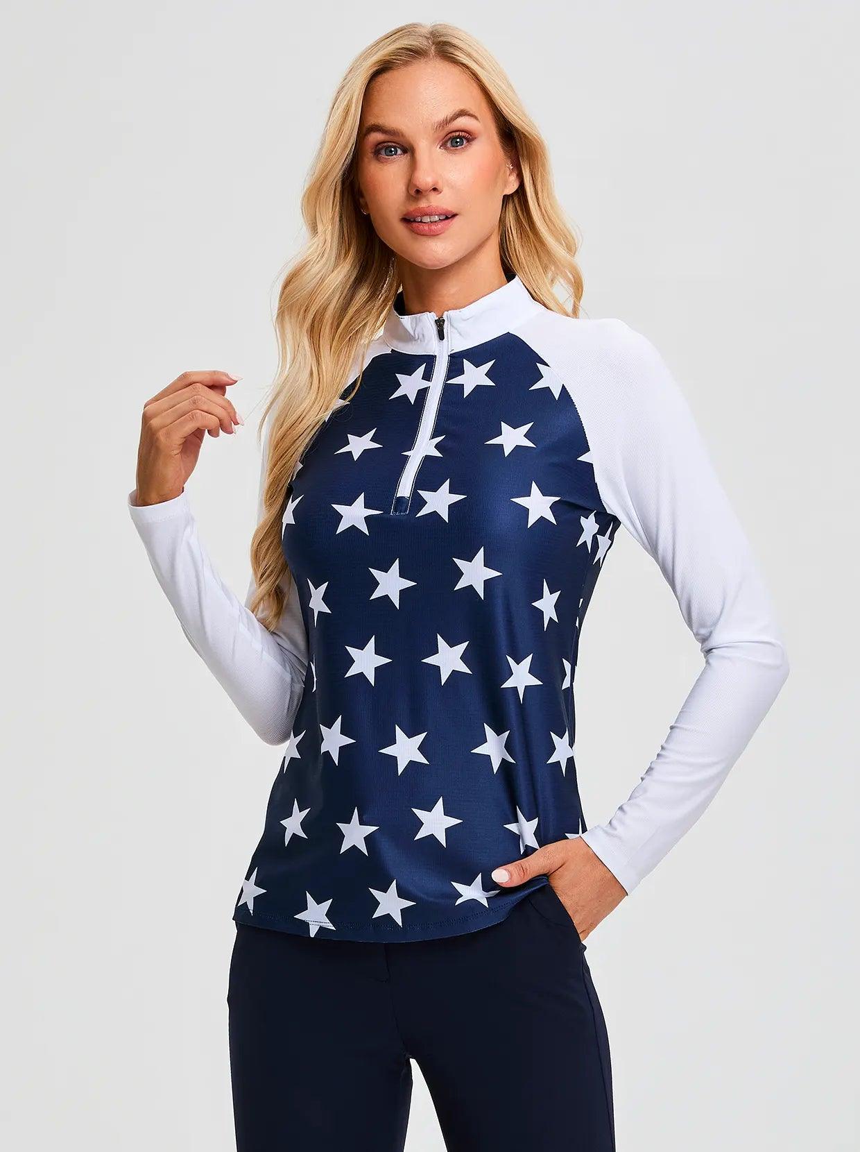 White Star on Dark Blue Quraterzip Long-sleeve Polo Shirt for Ladies