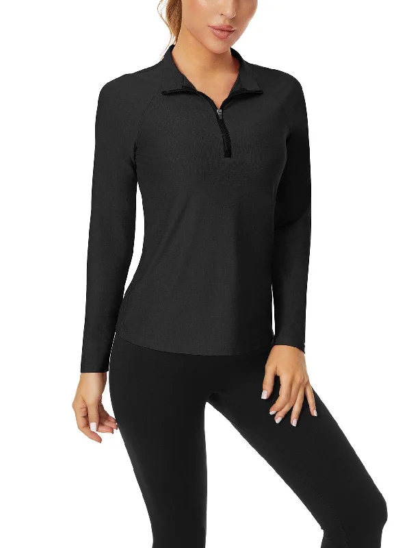 Solid Black V-Neck Long Sleeve Polo Shirt for Ladies