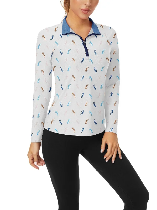 Black and White Printing V-Neck Long Sleeve Polo Shirt for Ladies