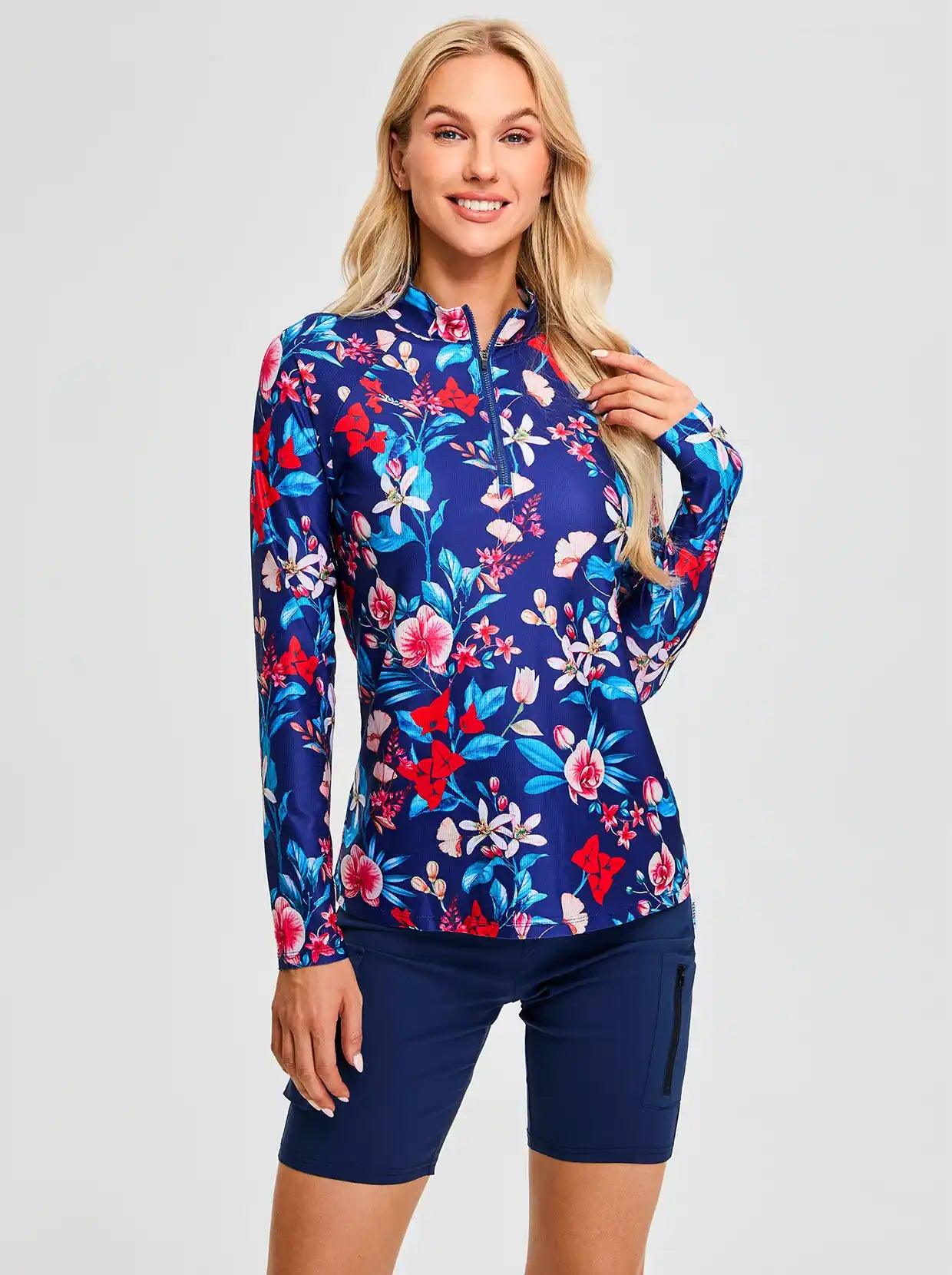 Blue Floral V-Neck Long Sleeve Golf Polo Shirt for Women