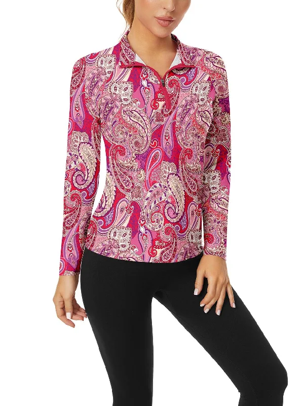 Pink Paisley Quarter-zip Long-sleeve Polo Shirt for Ladies