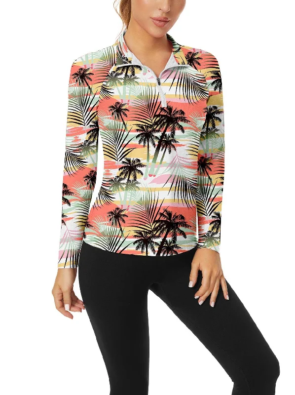 Coconut Tree Quarter-zip Long-sleeve Polo Shirt for Ladies