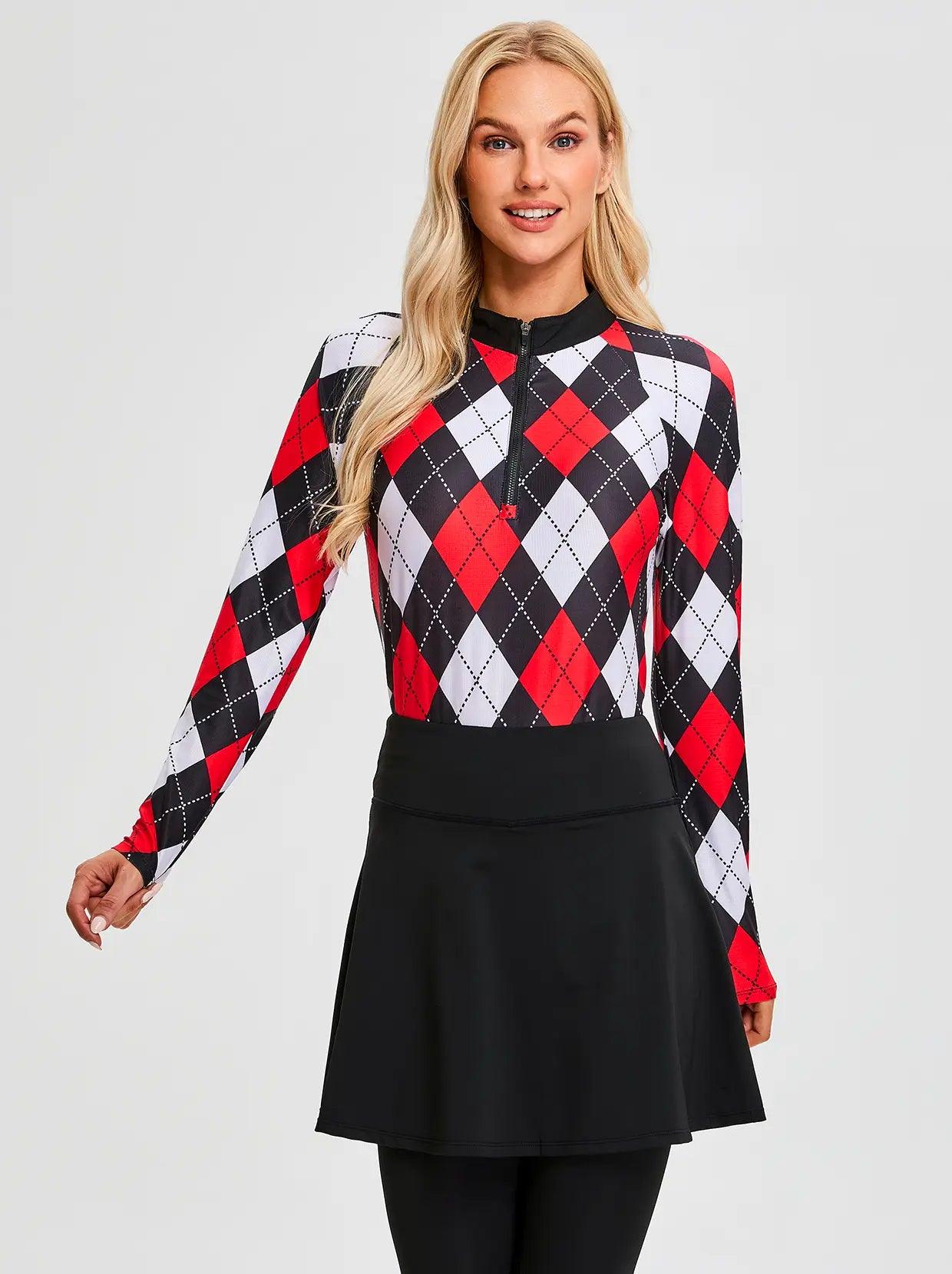 Red and Black Argyle Quarter-zip Long-sleeve Polo Shirt for Women