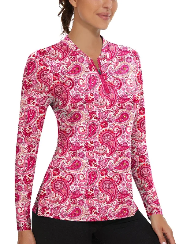 Pink Paisley Quarter-Zip Long-sleeve Golf Polo Shirt for Women