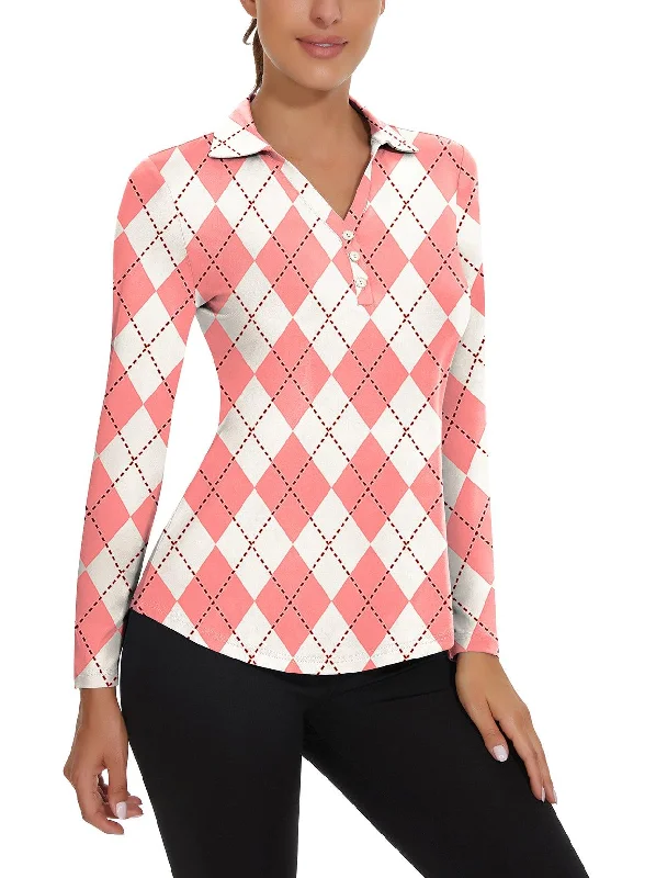 Pink and White Argyle Golf Polo Shirt For Women