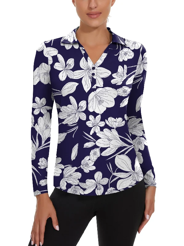 Floral V-neck Long Sleeve Golf Polo Shirt For Women