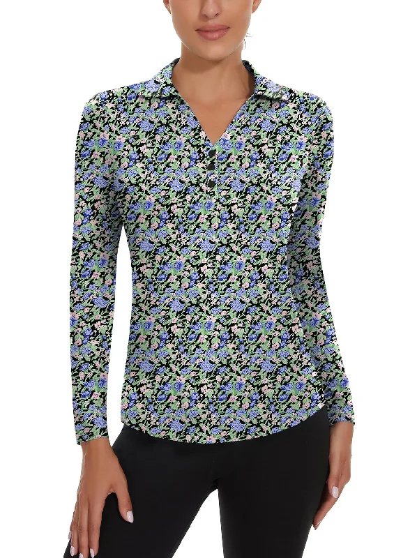 Floral V-neck  Long Sleeve Golf Polo Shirt For Women