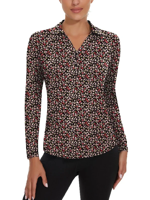 Floral V-neck Long Sleeve Golf Polo Shirt For Women