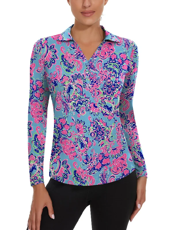 Retro Floral V-neck Long Sleeve Golf Polo Shirt For Women