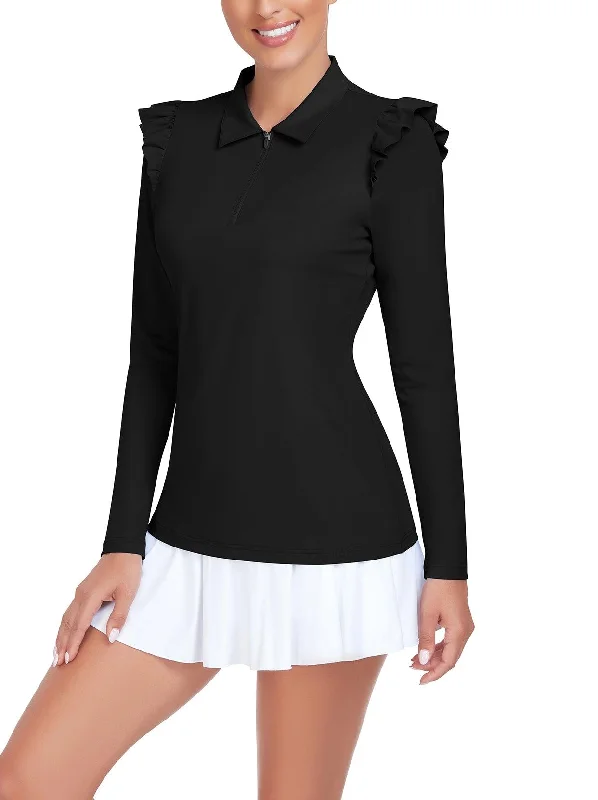 Solid Black Ruffle Shoulder Long-sleeve Polo Shirt For Ladies