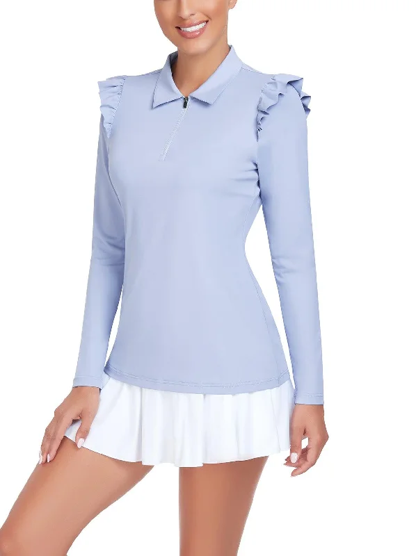 Light Blue Ruffle Shoulder Long-sleeve Polo Shirt For Ladies