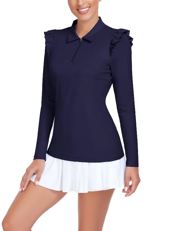 Dark Blue Ruffle Shoulder Long-sleeve Polo Shirt For Ladies