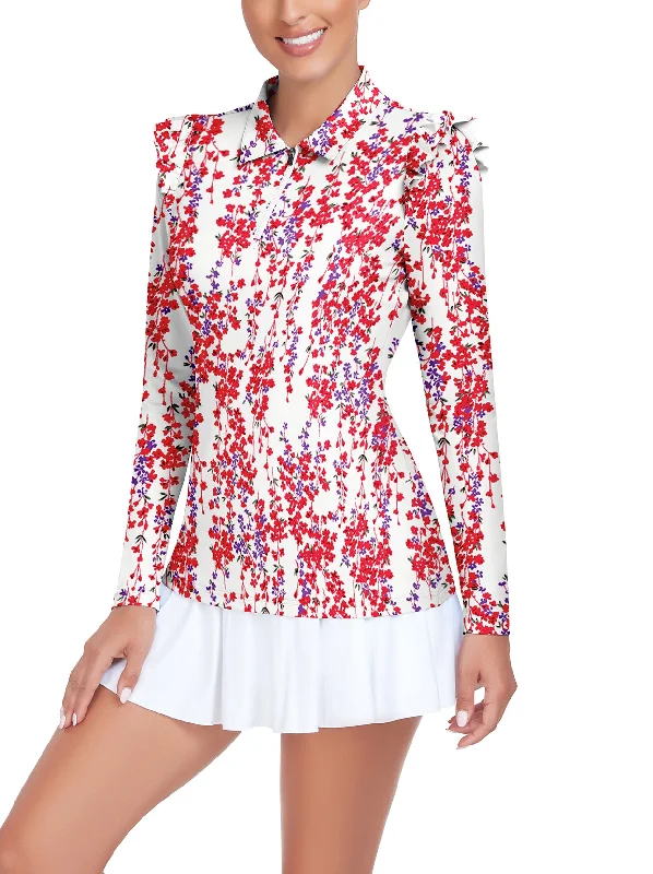 Floral Ruffle Shoulder Long-sleeve Polo Shirt For Ladies