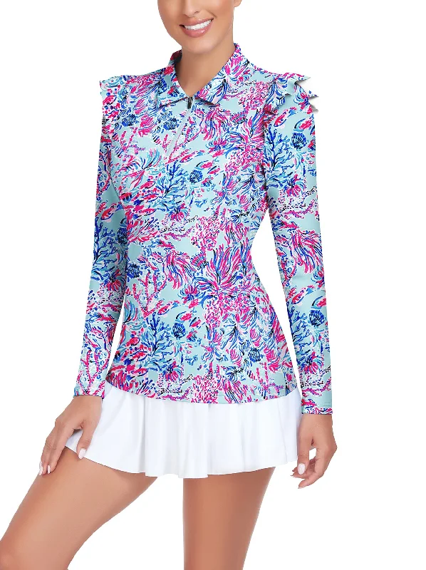 Floral Ruffle Shoulder Long-sleeve Polo Shirt For Ladies