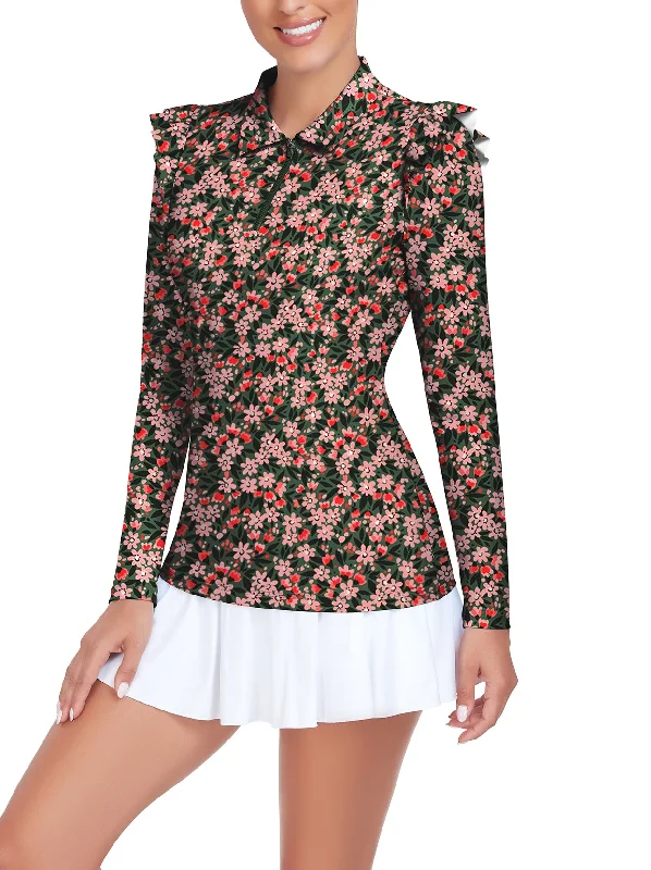 Floral Ruffle Shoulder Long-sleeve Polo Shirt For Ladies