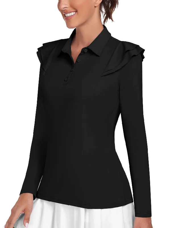 Solid Black Ruffle Design Long-sleeve Golf Polo for Women