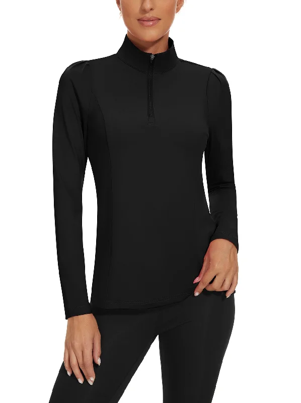 Solid Black Quarter-zip Long-sleeve Golf Polo Shirt For Ladies