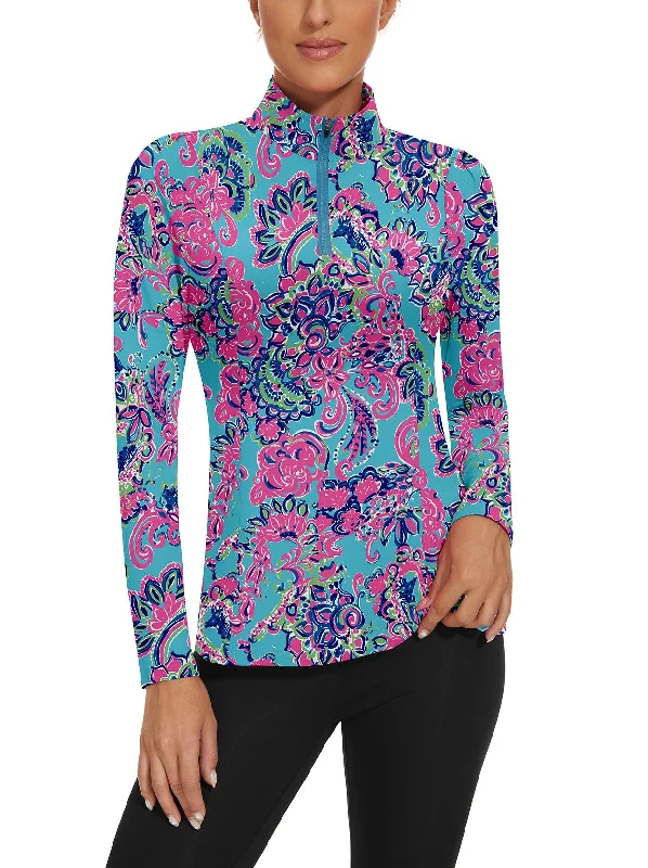 Retro Floral Quarter-zip Long-sleeve Golf Polo Shirts For Women