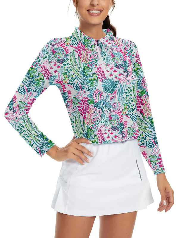 Retro Botanical Quarter-zip Long-sleeve Polo Shirt for Women