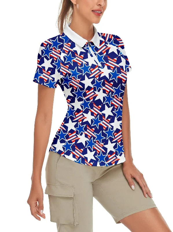 Blue and White Stars Short-sleeve Golf Polo for Women