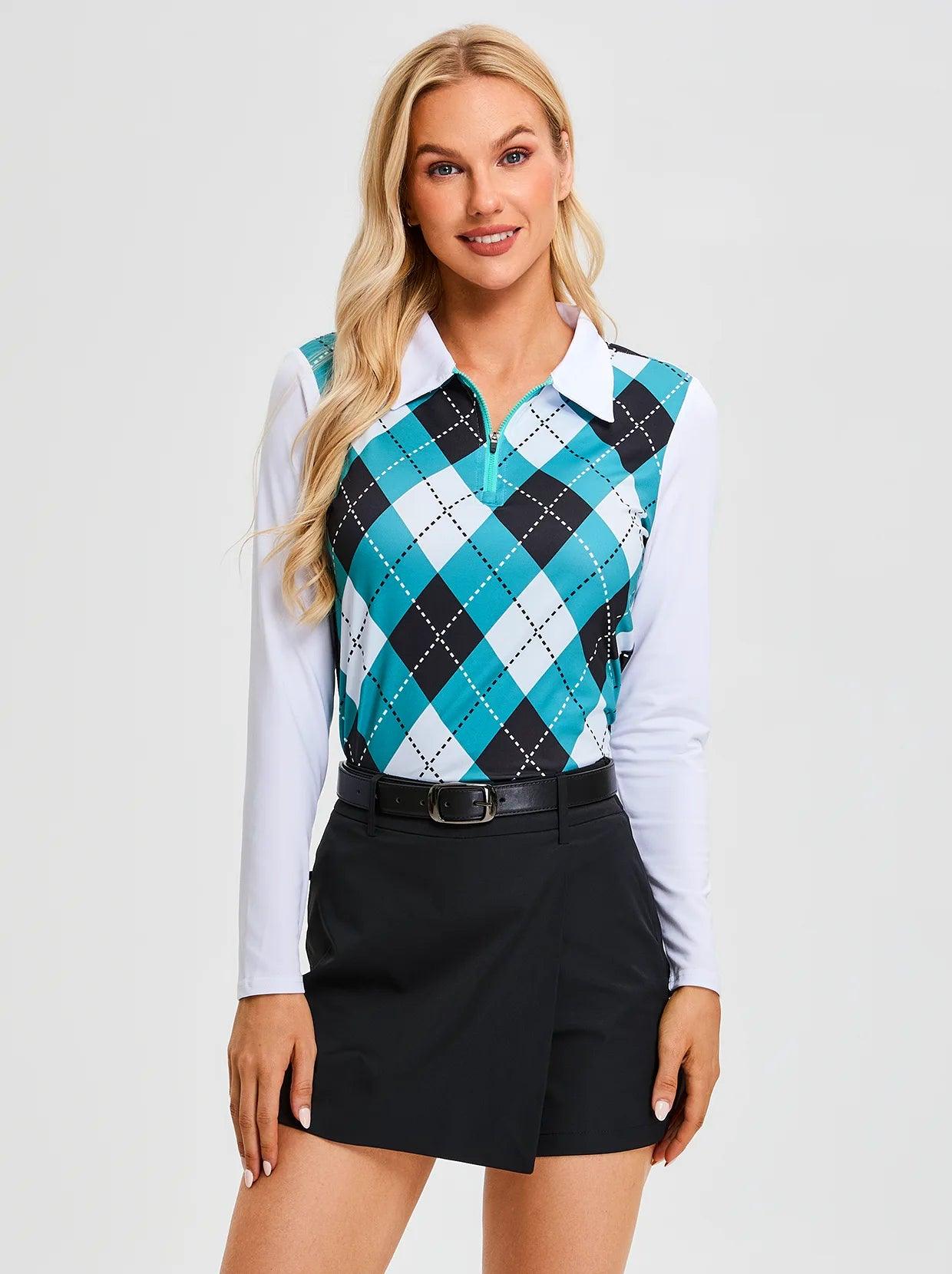 Green and Black Argyle Quarter-zip Long-sleeve Polo Top for Ladies