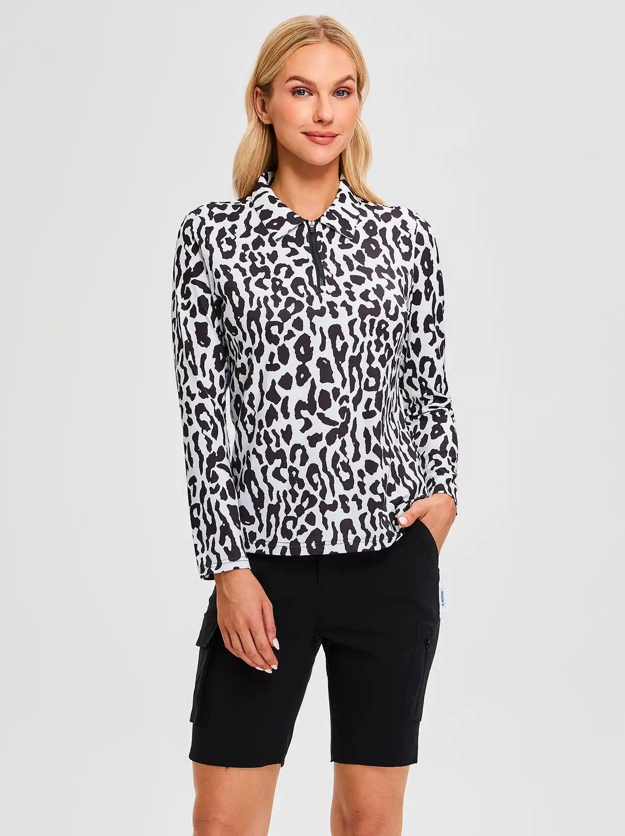 Black Leopard Quarterzip  Long-sleeve Polo Top for Ladies