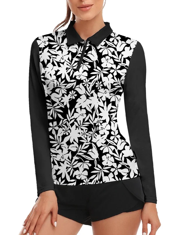 White Floral Long-sleeve Quarter-zip Polo for Ladies