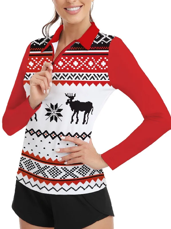 Christmas Reindeer Print Long-sleeve Polo Shirt for Ladies