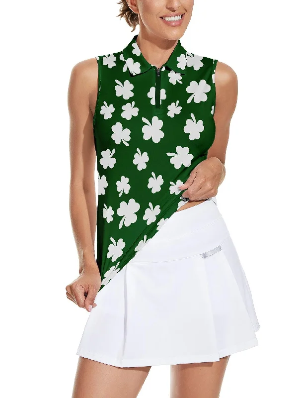 Ladies Sleeveless Golf Polo- White Clover on Green Background Athletic Polo Shirts Moisture Wicking Tennis Shirts Golf Shirt