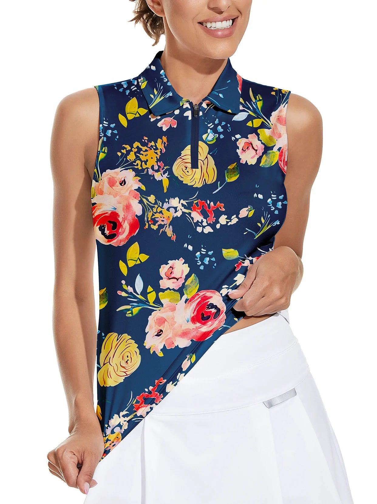 Ladies Sleeveless Golf Polo- Hawaiian Floral on Dark Blue Background Athletic Polo Shirts Moisture Wicking Tennis Shirts Golf Shirt