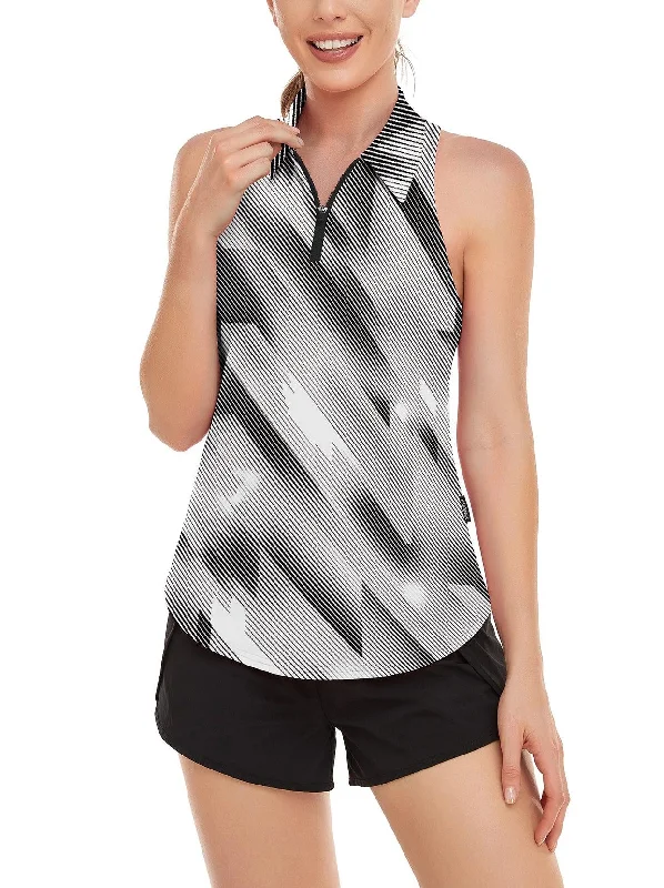 Soneven Ladies Golf Sleeveless Polo-??SO® Black and White Gray Twill Racerback Athletic Polo Shirts Moisture Wicking Tennis Shirts