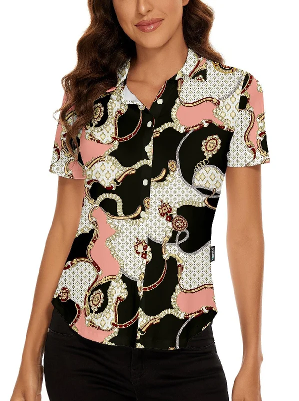 Gemstone Print Button-Down Short-sleeve Golf Polo for Ladies