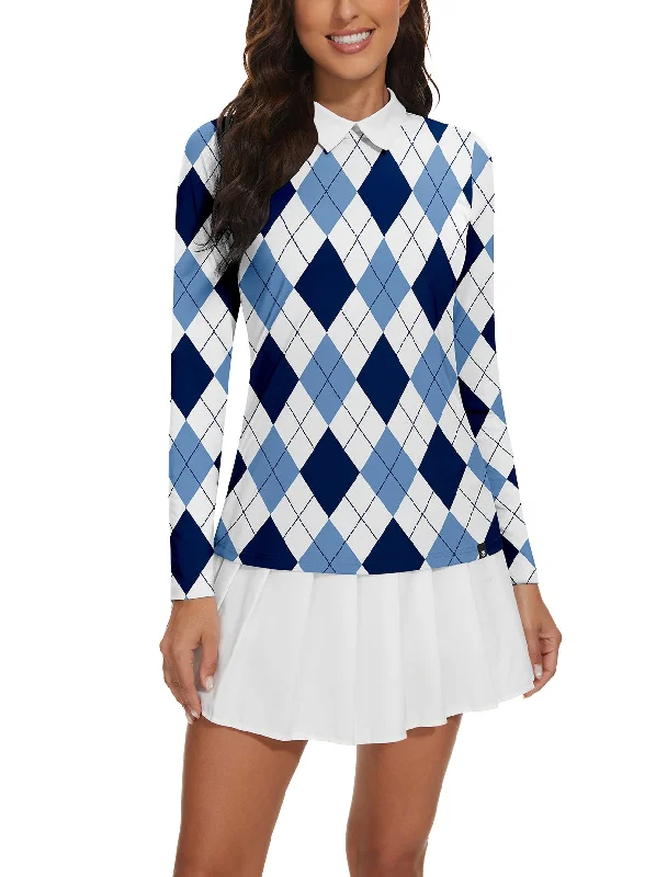 Argyle Crew Neck Collared Long-sleeve Golf Polo Shirt For Women