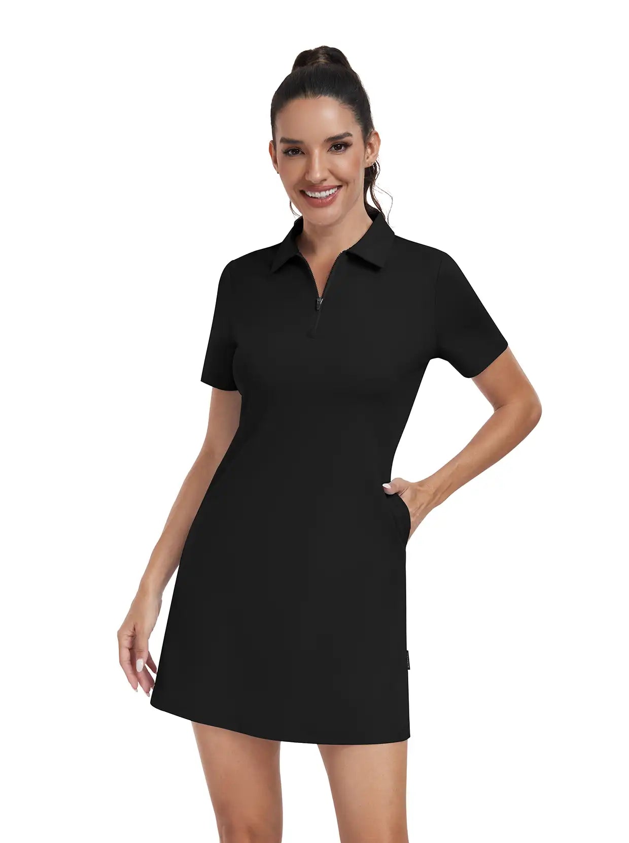 Solid Black Quartet-zip Short-Sleeve Polo Dress With Inner Shorts