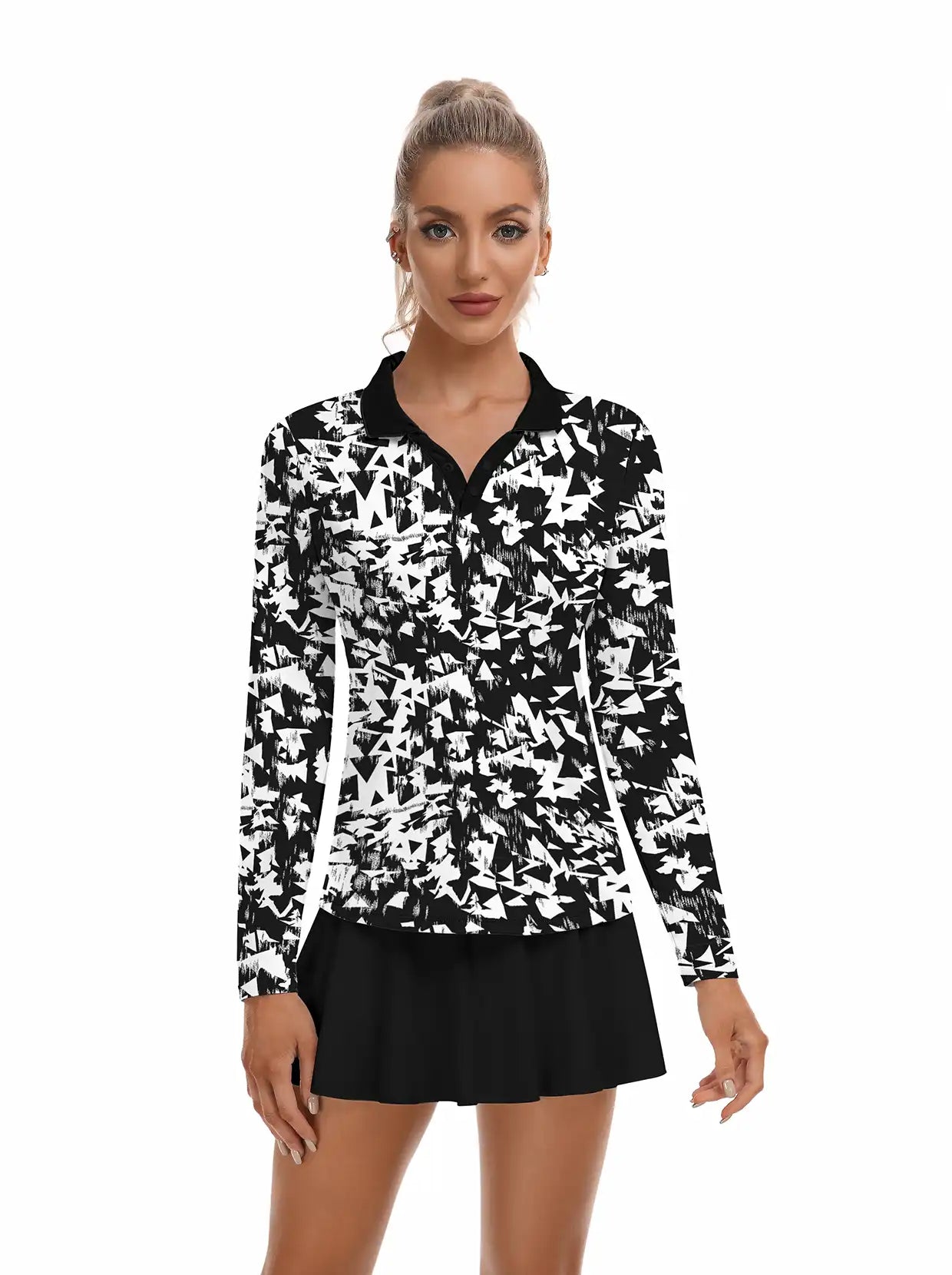 White Print V-Neck Long Sleeve Polo For Women