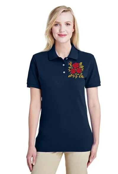 Women's polo shirt "Cross stitch roses" navy blue