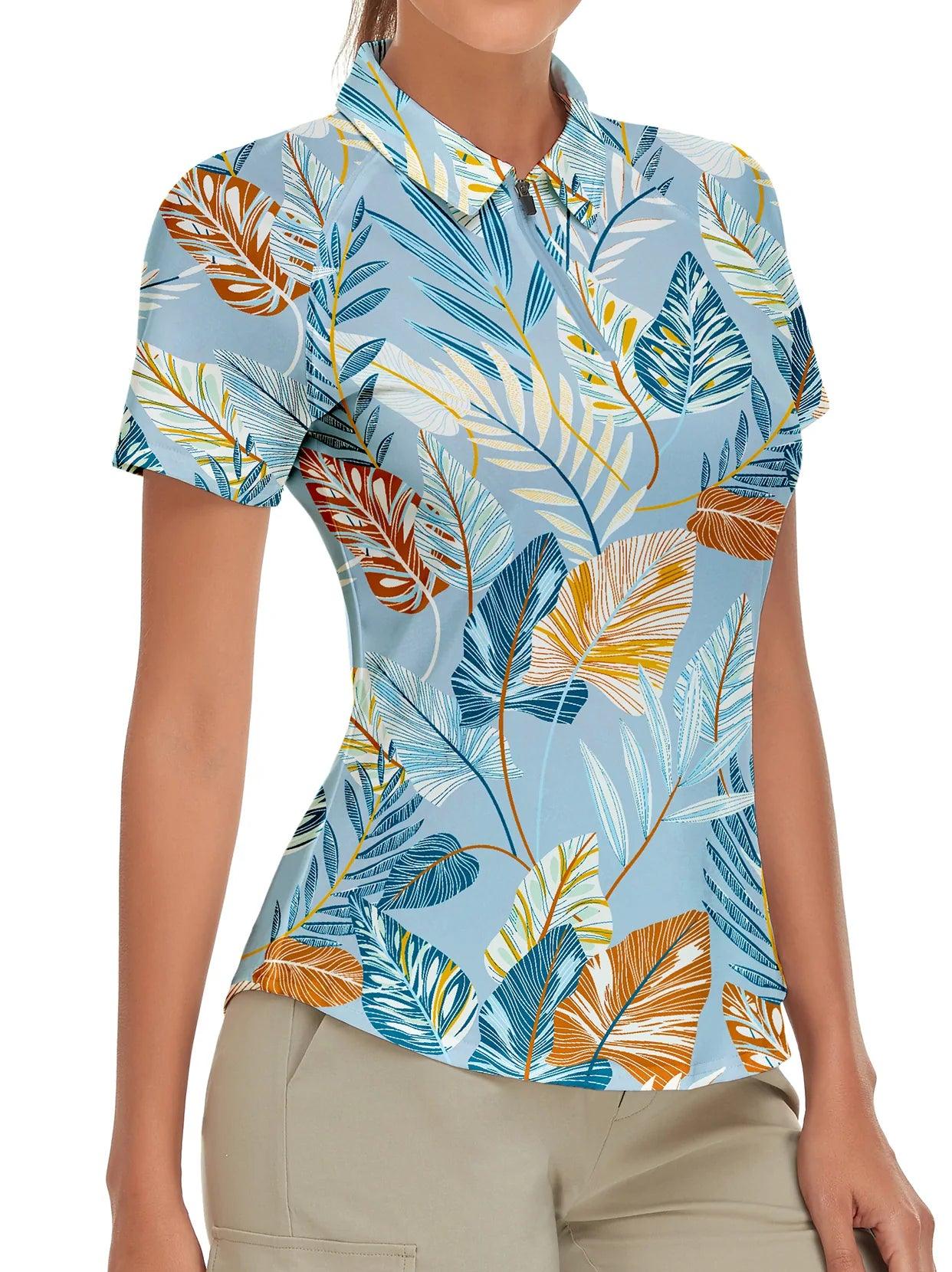 Adventure Blue Palm Leaf Zipper Golf Polo | Suitable for Summer Vacation