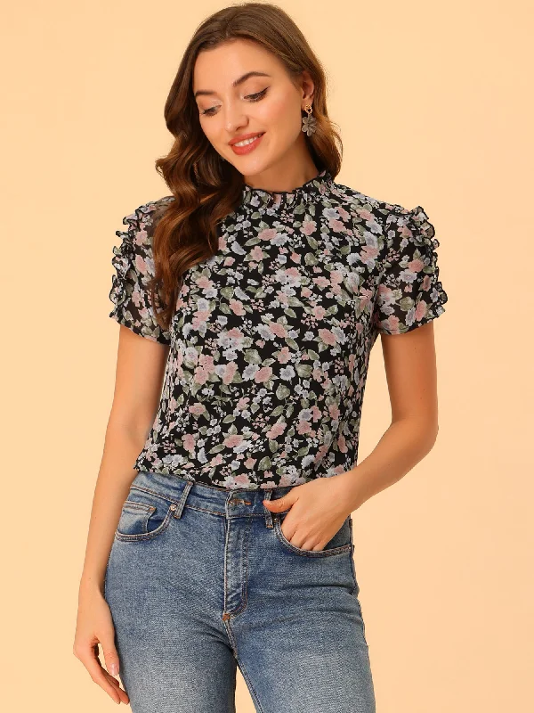 Summer Ruffled Neck Frill Trim Short Sleeve Chiffon Floral Blouse