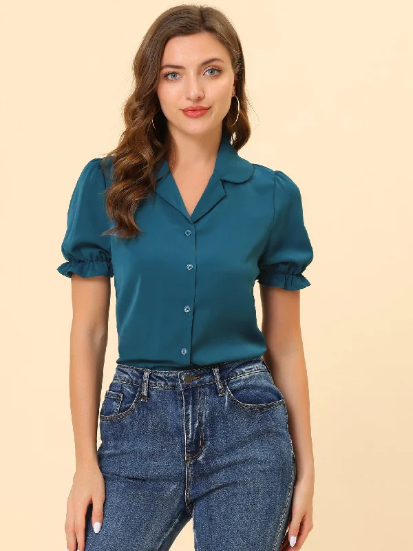 Summer Work Lapel Collar Blouse Short Sleeve Button Down Shirt