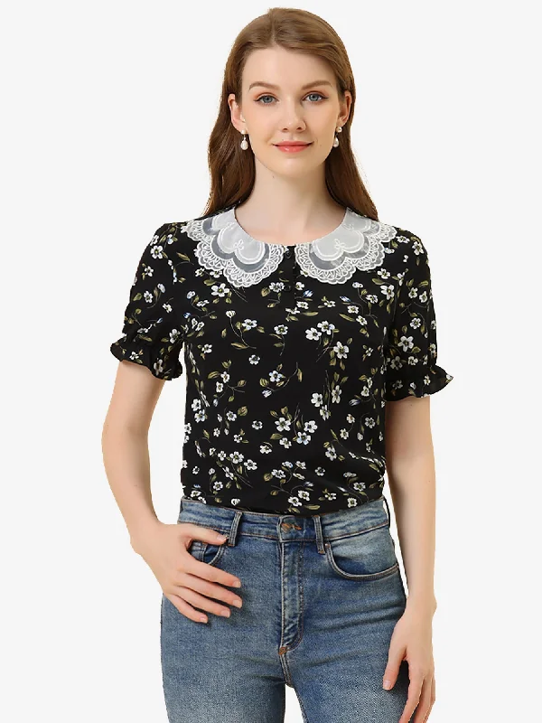 Floral Vintage Ruffled Short Sleeve Peter Pan Blouse