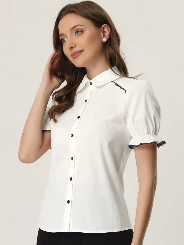 Vintage Peter Pan Collar Blouse Short Sleeve Button Down Shirt