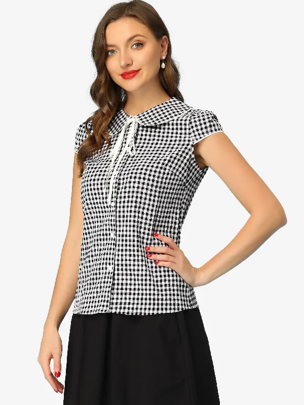 Gingham Plaid Tops Short Sleeve Peter Pan Collar Shirt