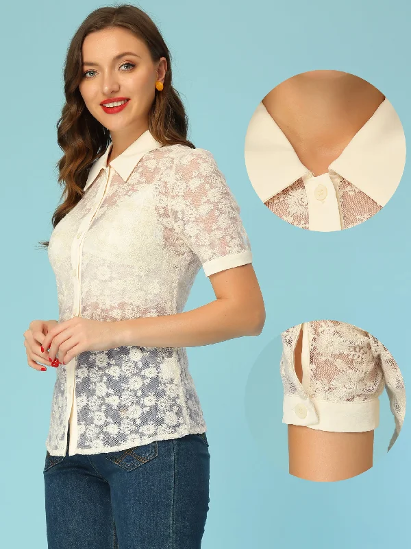 Floral Lace Shirt Short Sleeve Semi Sheer Button Down Blouse