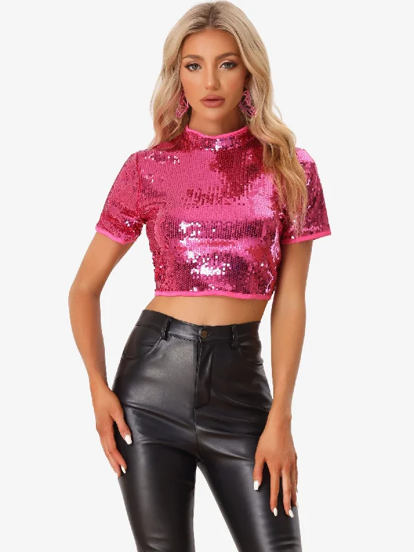 Sequin Sparkle Glitter Short Sleeve Shinning T Shirt Club Blouse