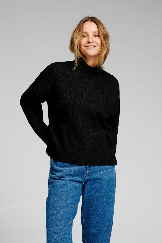 Oversized Knitted Polo-Neck Jumper - Black