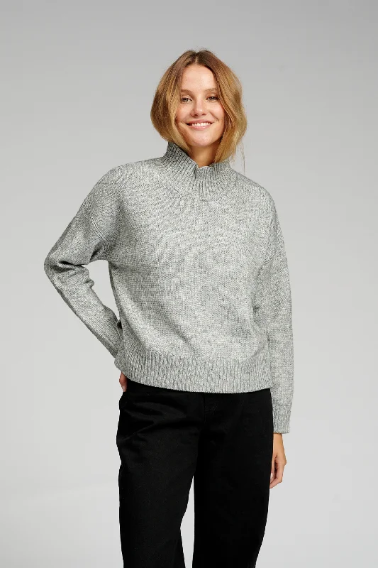 Oversized Knitted Polo-Neck Jumper - Light Grey Melange