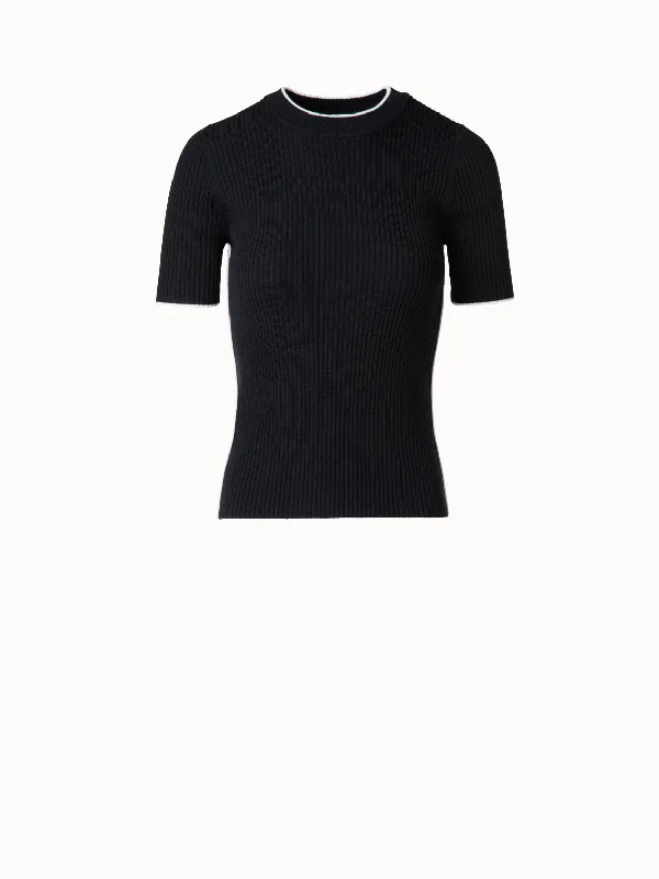 Short Sleeve Sweater in Virgin Wool with Contrast Piping