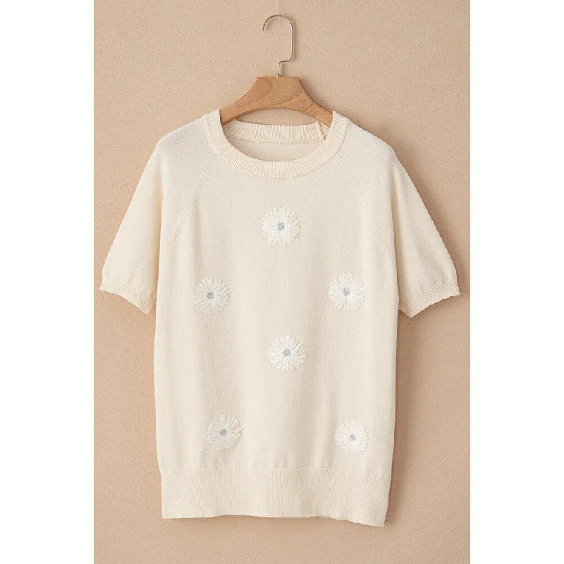 Dulce Flower Pattern Short Sleeve Knitted Top